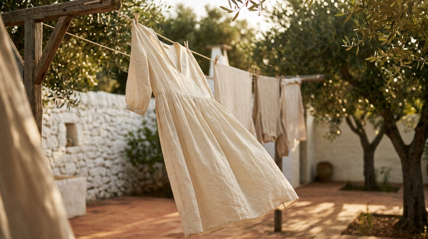 Vestido de lino crudo secándose al aire libre en un tendedero mediterráneo