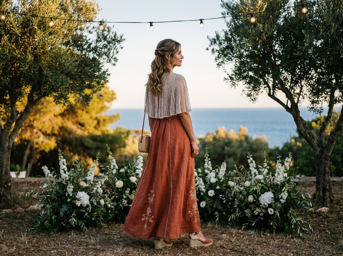 Invitada con vestido de lino en boda de septiembre en la costa mediterránea al atardecer