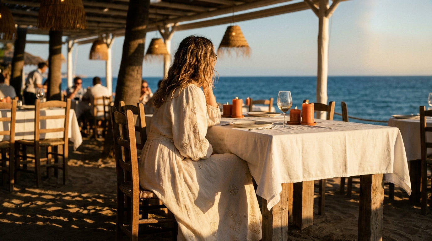Mujer con vestido largo de lino en cena al atardecer en chiringuito mediterráneo