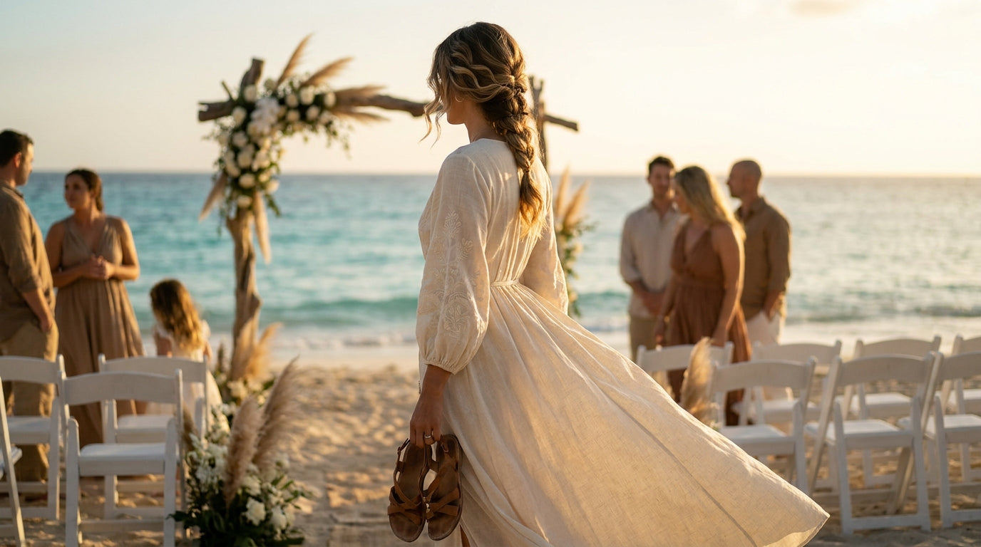 Invitada con vestido de lino crudo en boda celebrada en la playa al atardecer