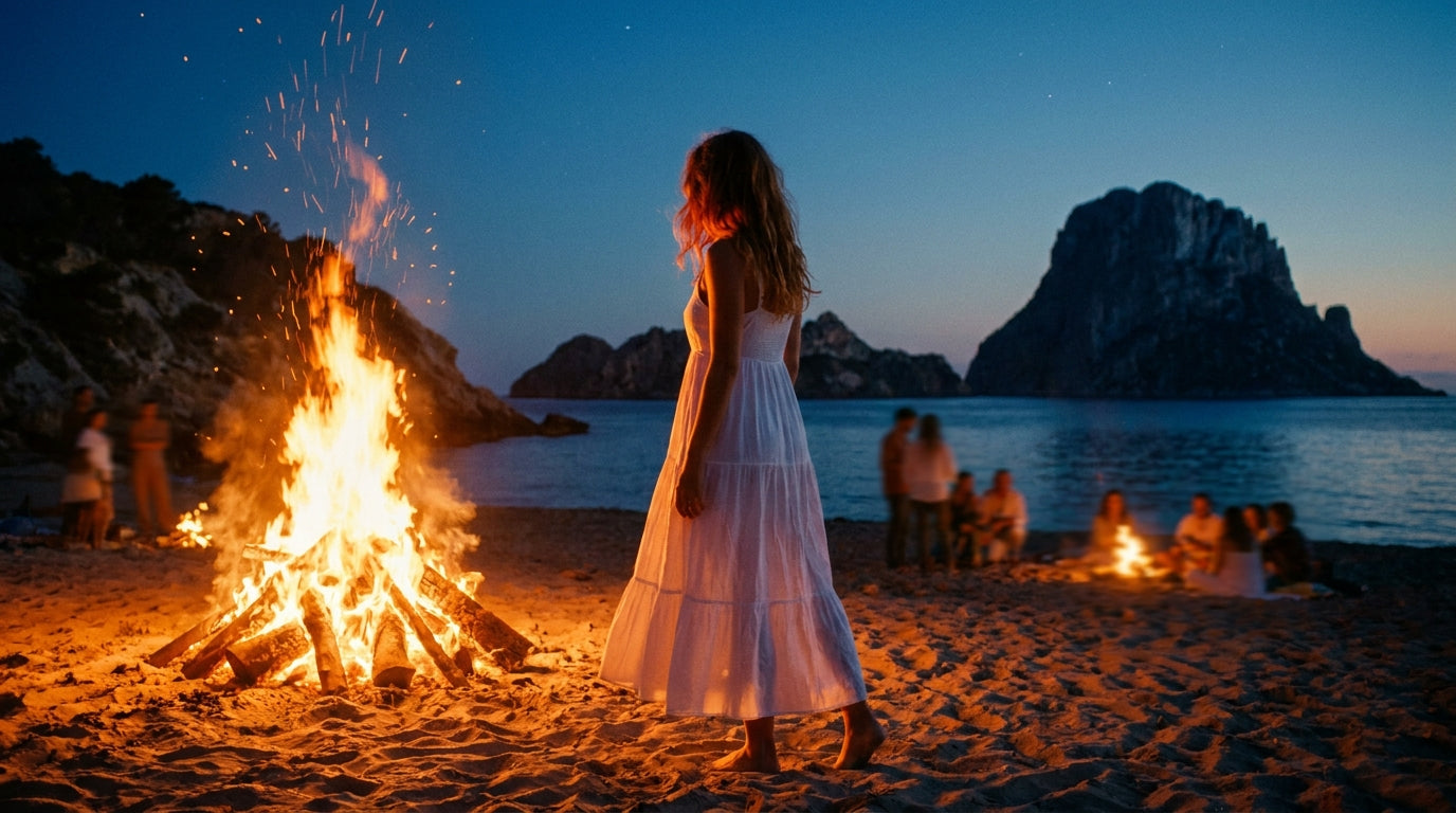 Mujer con vestido blanco de lino junto a hoguera de Sant Joan en playa al anochecer