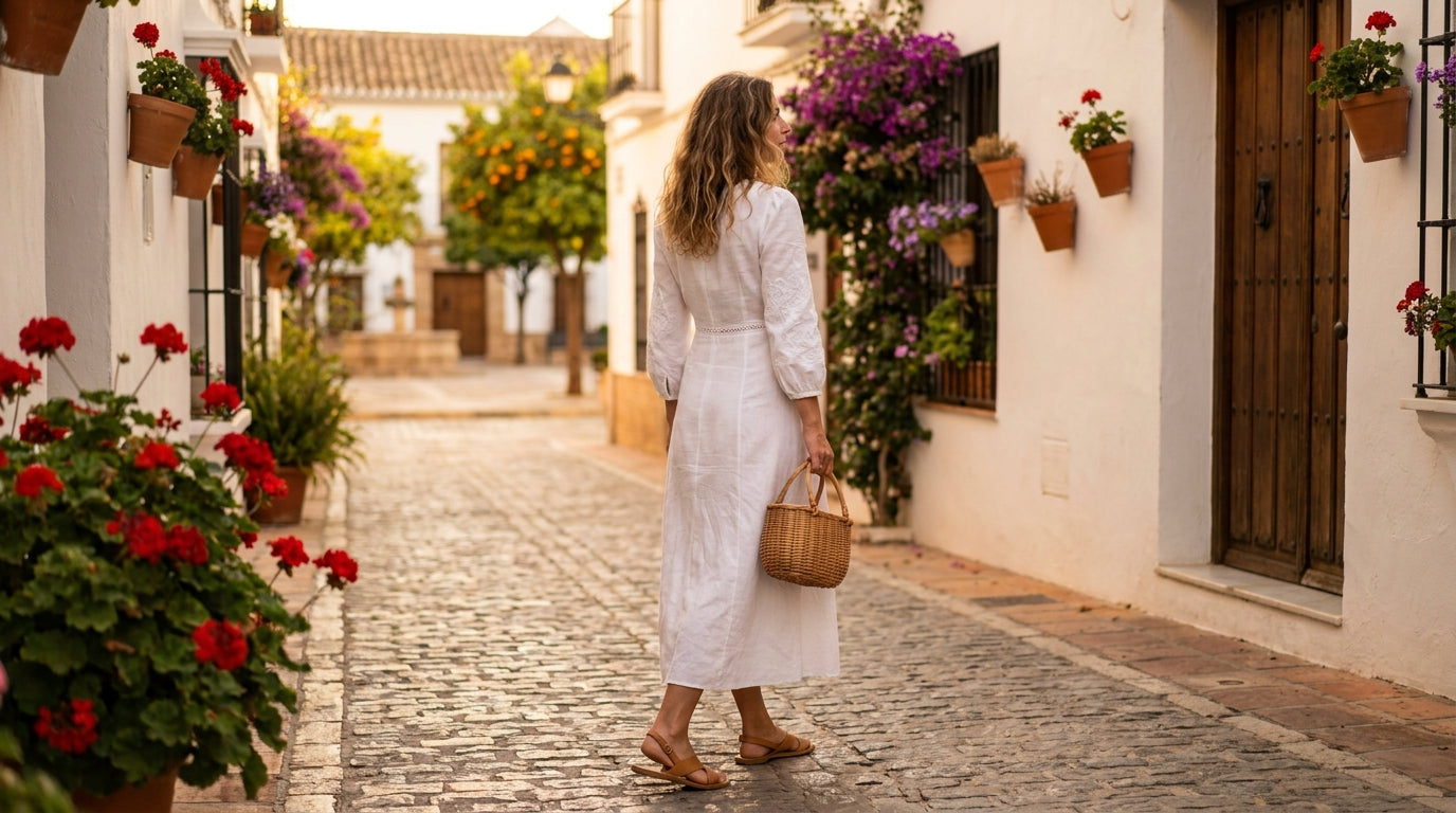 Mujer con vestido blanco de lino paseando por el Casco Antiguo de Marbella al atardecer