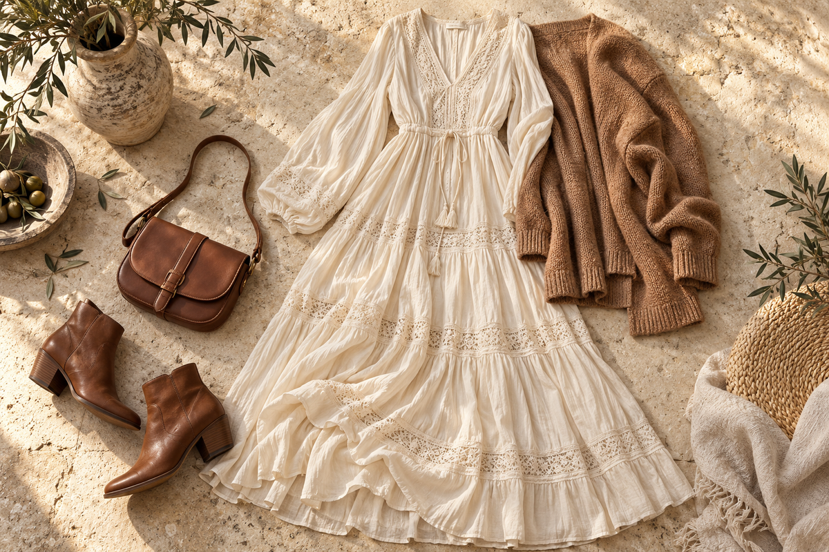 Ilustración de un vestido boho crema con cárdigan camel, botines y bolso marrón