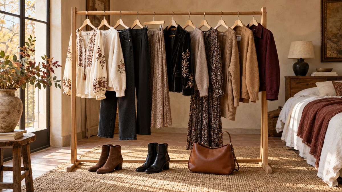 Selección de prendas boho de otoño organizada en un perchero con colores combinables.
