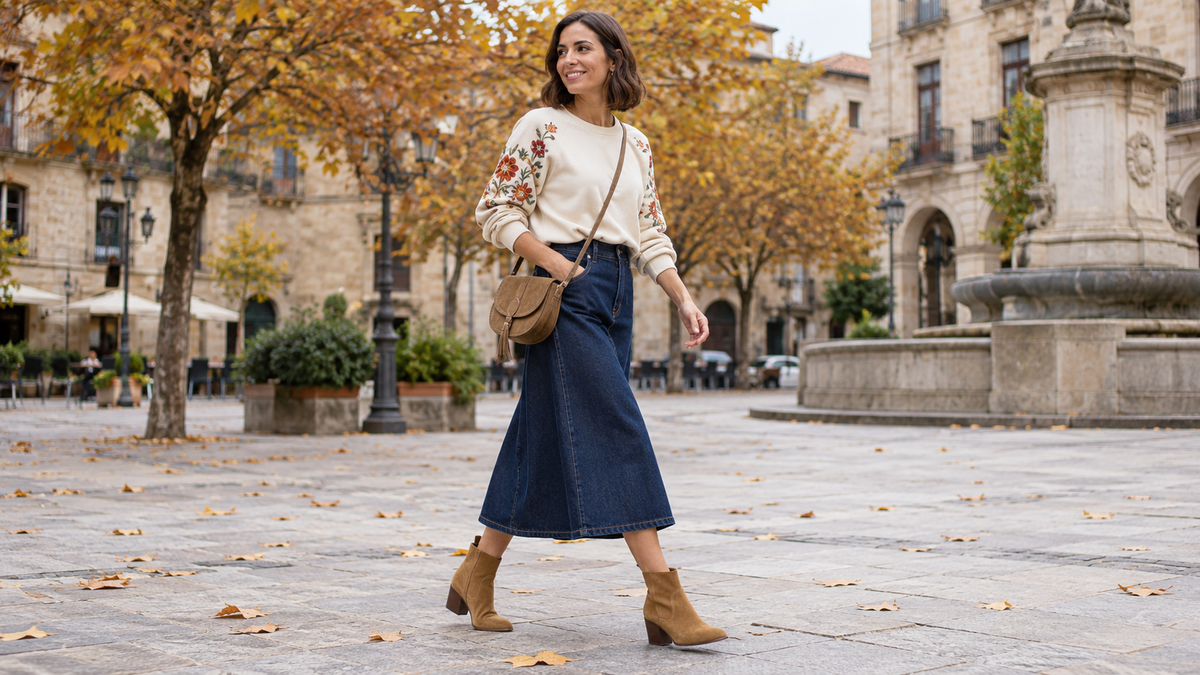 Falda vaquera midi con sudadera bordada y botines en un conjunto de otoño.