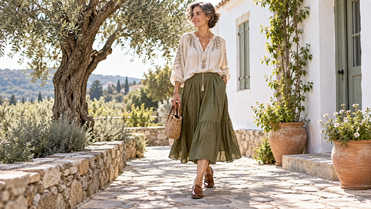 Blusa bordada y falda midi combinadas con mocasines de piel en tono coñac.