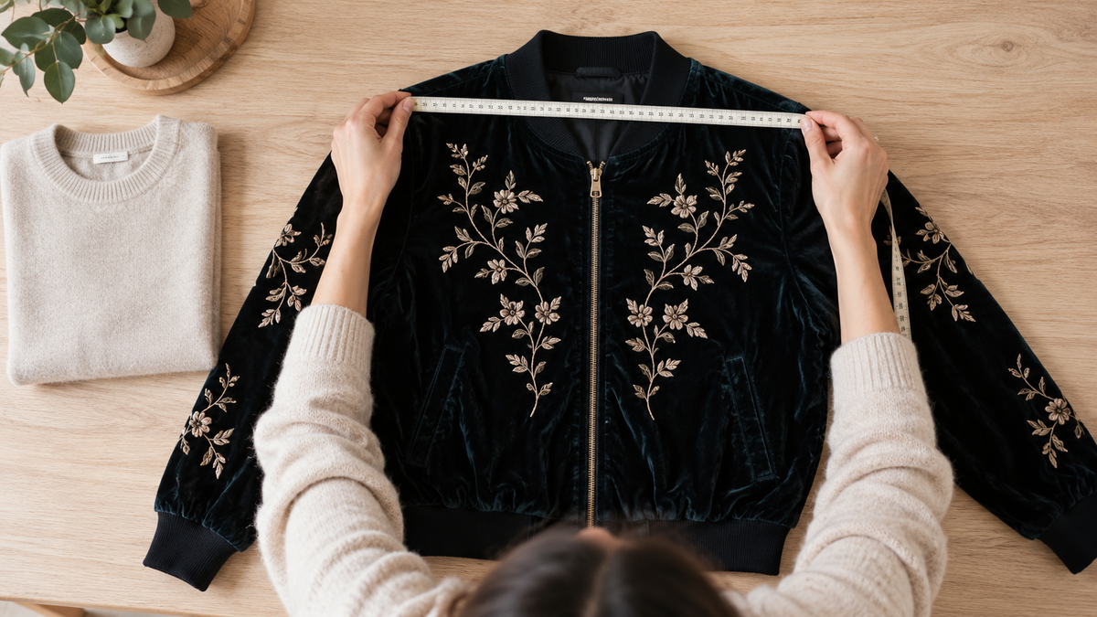 Chaqueta extendida sobre una mesa mientras se mide el ancho de hombros con una cinta.