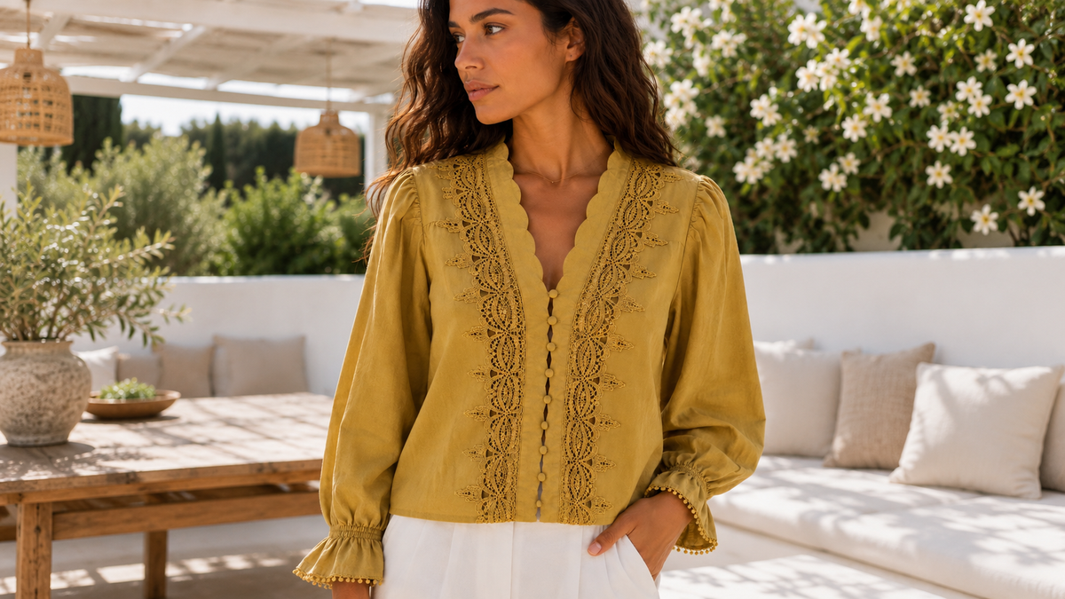 Blusa Alhambra de guipur con mangas abullonadas para combinar en una cena de empresa
