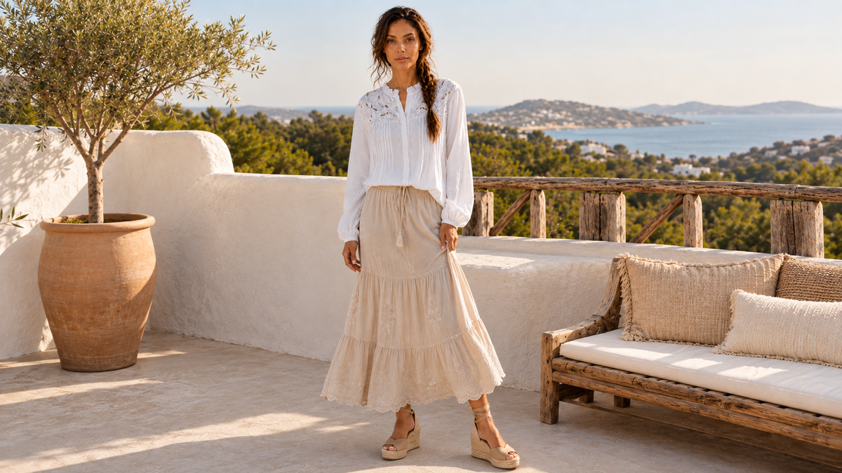 Blusa Azahar blanca combinada con una falda larga clara