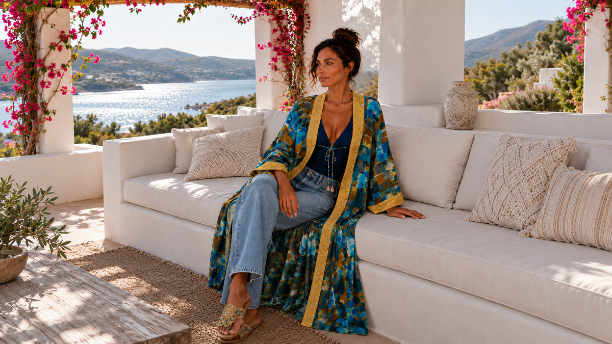 Kimono Largo Egeo estampado en azul y ocre, llevado abierto con vaqueros