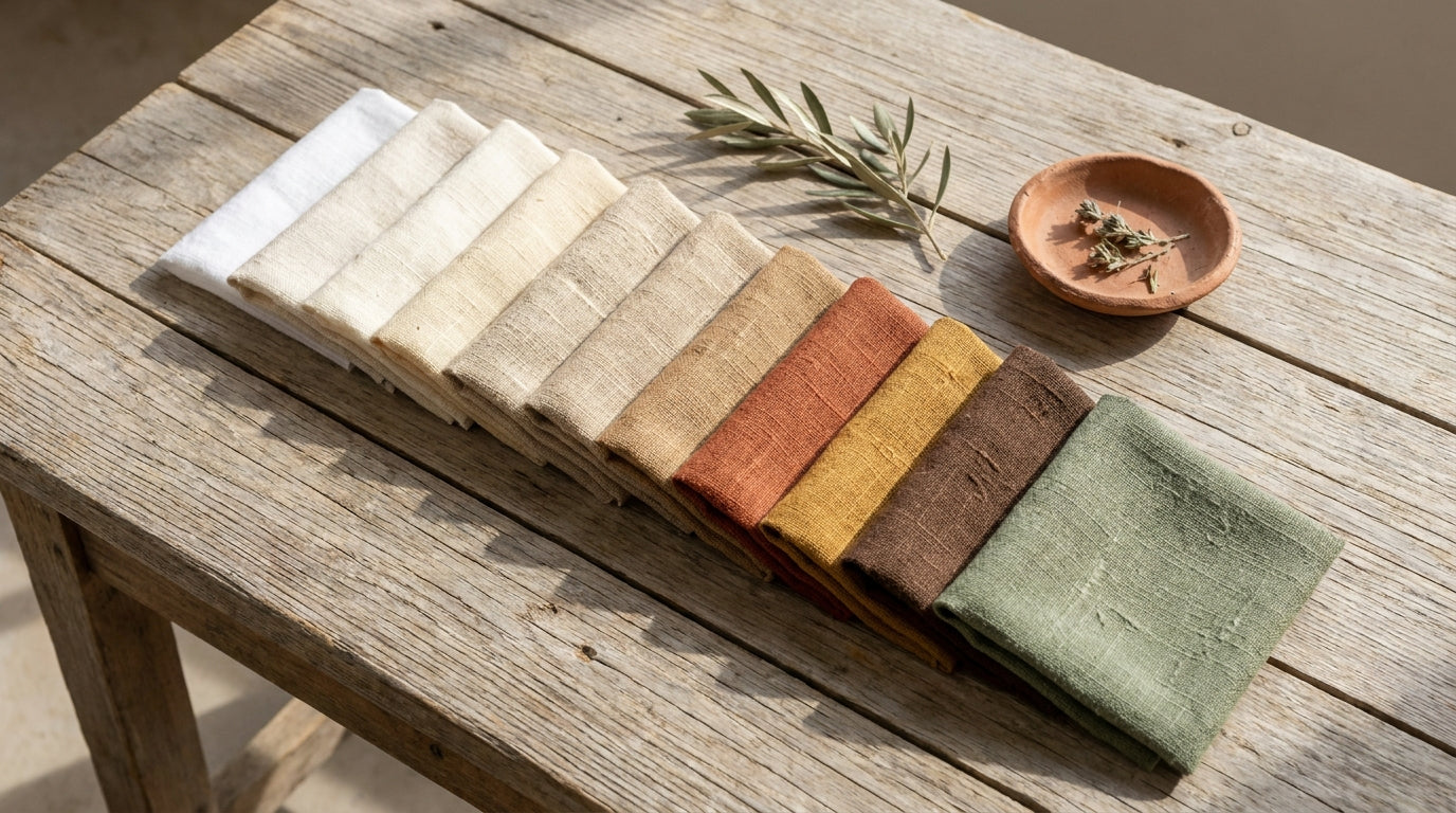 Paleta de colores ibicenca con muestras de tela en blanco, crudo, arena, terracota y sage