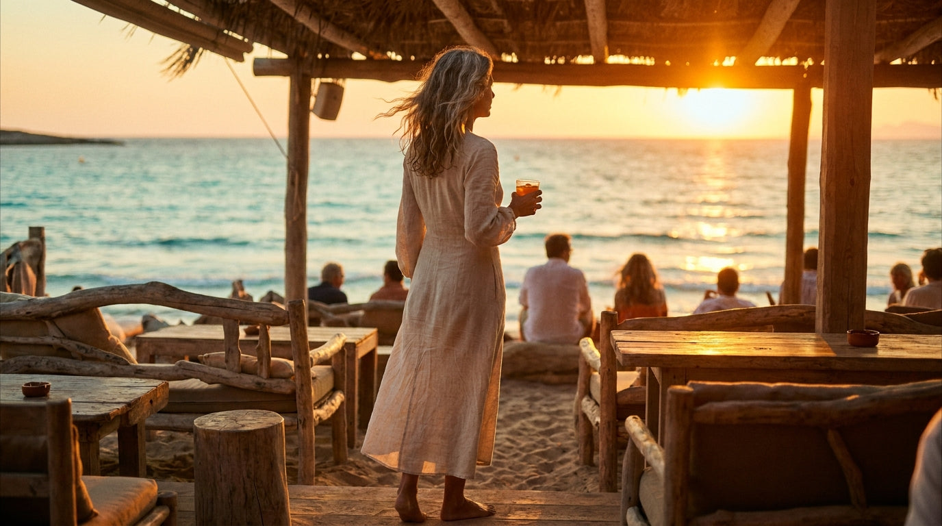 Mujer con vestido de lino crudo frente al atardecer en un chiringuito de Formentera