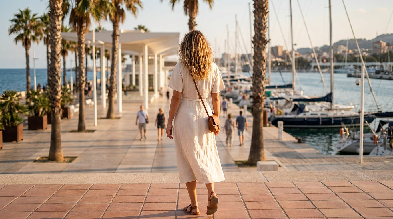 Mujer con vestido de lino paseando por el Muelle Uno de Málaga al atardecer
