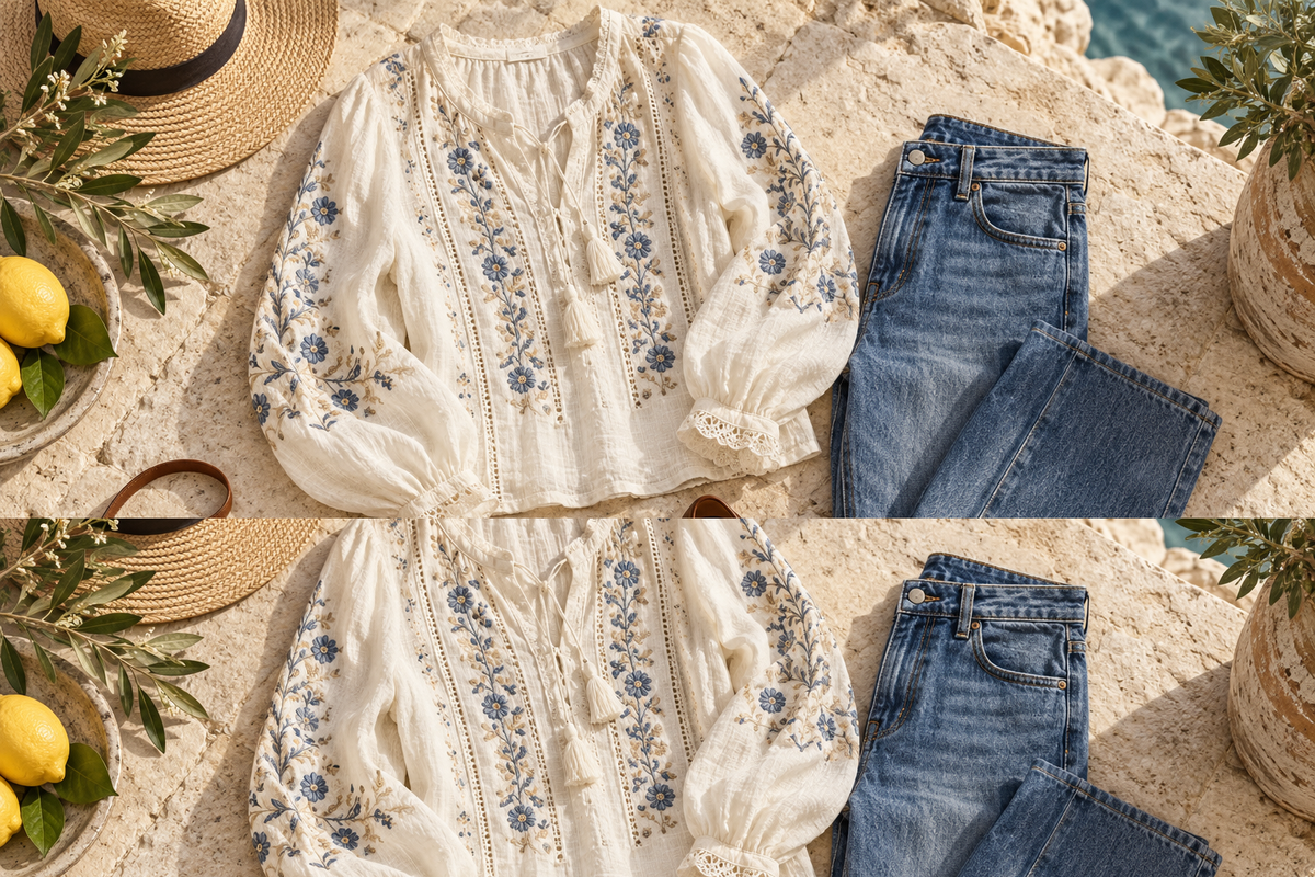 Ilustración de una blusa bordada clara con vaqueros azules y accesorios marrones