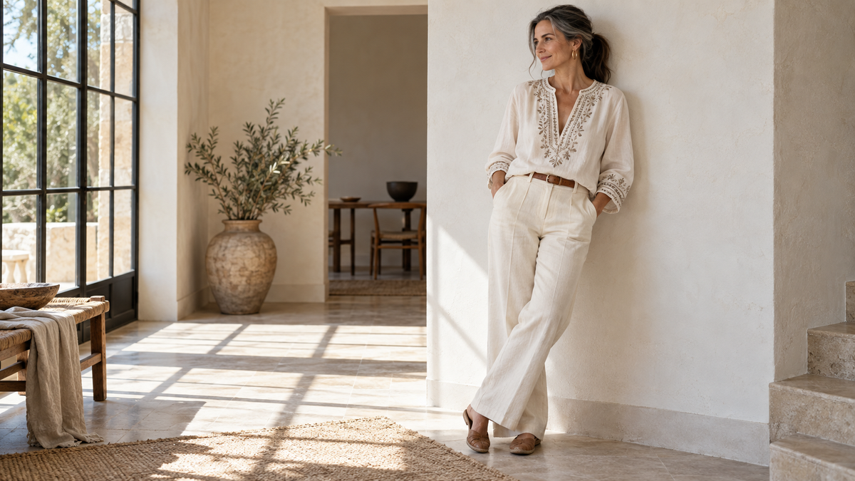 Conjunto boho minimalista con blusa de bordado discreto y pantalón claro.