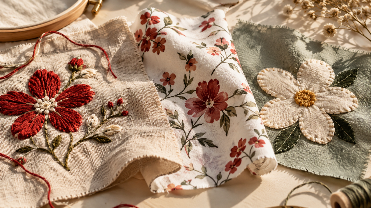 Muestras de tejido con bordado en relieve, estampado plano y aplique cosido.