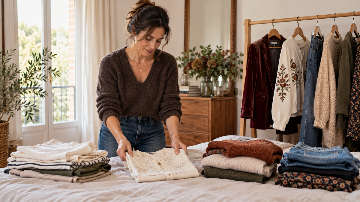 Mujer organizando prendas y preparando el cambio de armario de otoño.