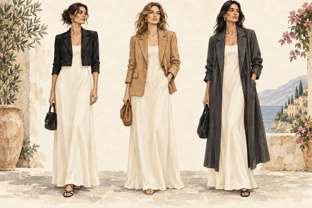 Ilustración de tres largos de chaqueta sobre un vestido largo claro.
