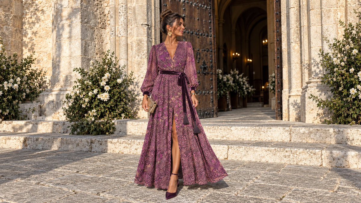 Vestido Granada estampado con puños y cinturón-lazo de terciopelo