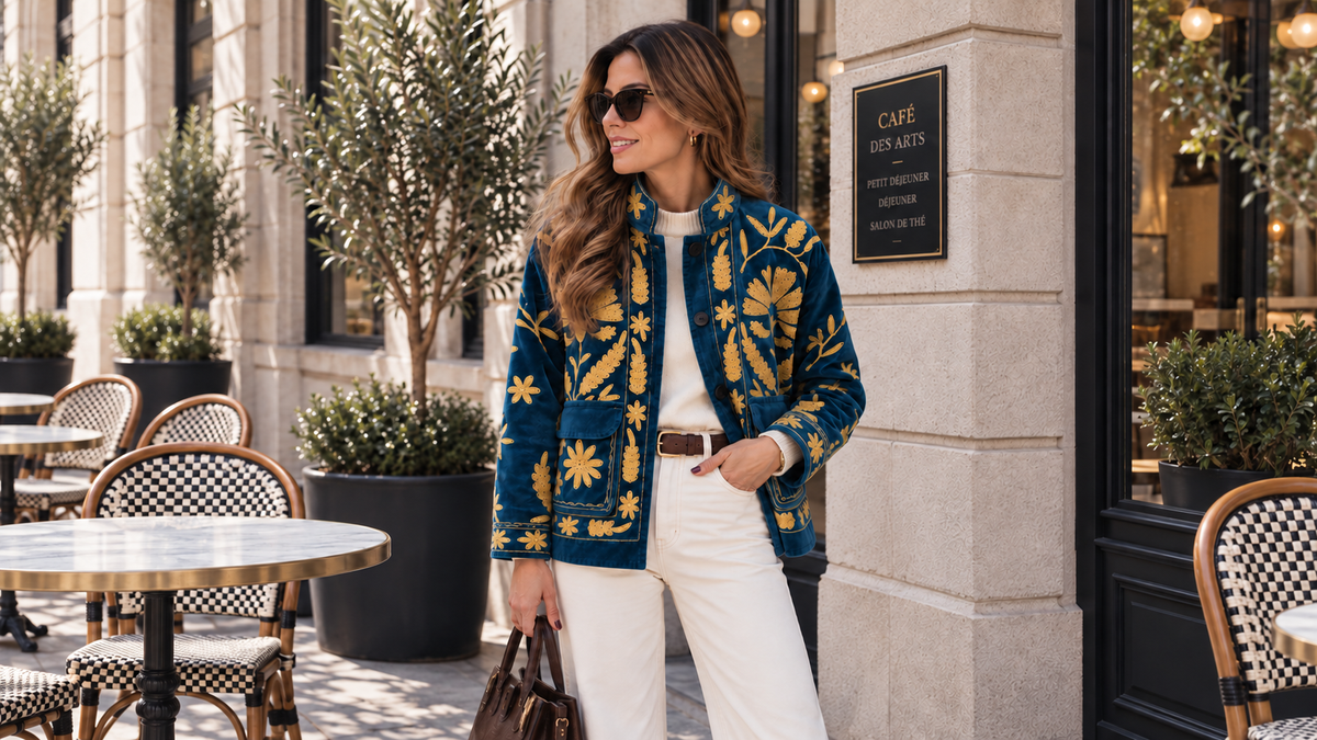 Chaqueta Bagdad azul con motivos florales dorados sobre un conjunto claro